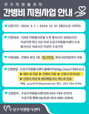 대구 수성구자원봉사센터, 우수 자원봉사자 간병비 지원