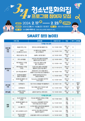 포항시청소년문화의집, 3ㆍ4월 프로그램 참여자 모집