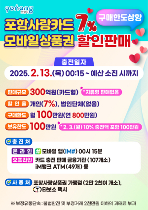 카드형ㆍ모바일 포항사랑상품권 7% 할인 판매
