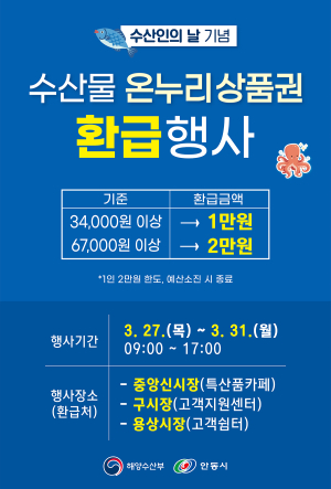 안동시, 수산인의 날 기념  수산물 구입 온누리상품권 환급행사 시행