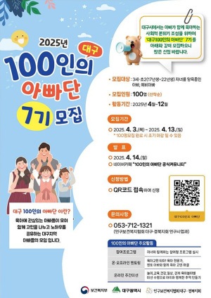 대구시, 부부가 함께하는 육아문화 확산…100인의 아빠단 활동단원 모집
