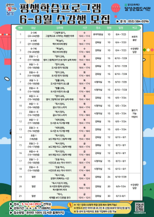 달성군립도서관, 평생학습 프로그램 2분기 수강생 모집