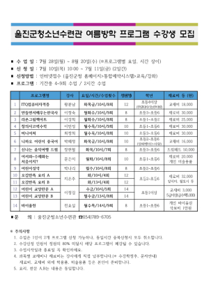 울진군, 여름방학 프로그램 수강생 모집